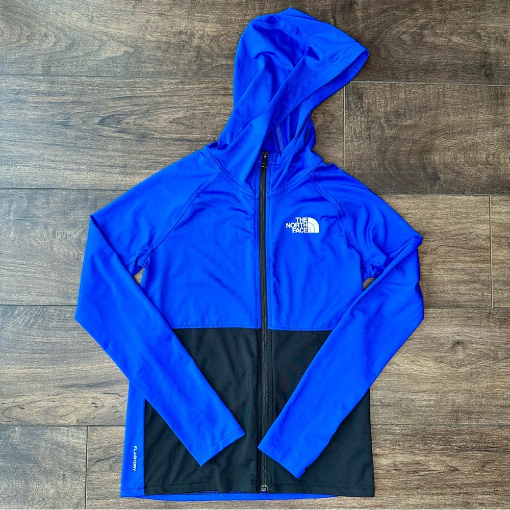 North Face FlashDry Full Zip Hooded Jacket - Boys Large - Blue & Black - UPF 40+